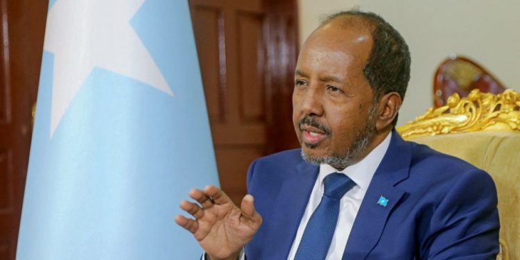 Somalia's President Hassan Sheikh Mohamud speaks during a Reuters interview inside his office at the Presidential palace in Mogadishu, Somalia May 28, 2022. REUTERS/Feisal Omar